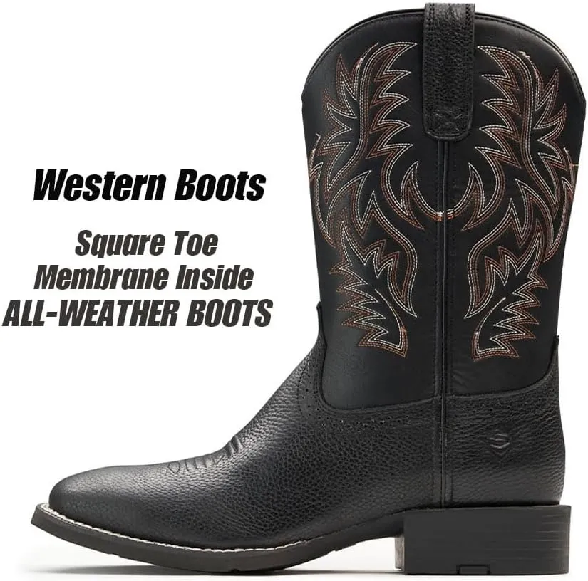 Cowboy Boots For Men - Mens Sport Wide Square Toe Western Boot,Oil/Slip Resistant,Durable Fashionable Classic Pull on 10 Inch Wellington Boots - Soft Toe Work Boots
