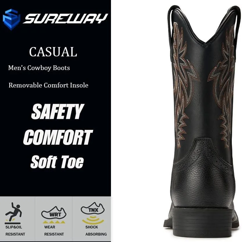 Cowboy Boots For Men - Mens Sport Wide Square Toe Western Boot,Oil/Slip Resistant,Durable Fashionable Classic Pull on 10 Inch Wellington Boots - Soft Toe Work Boots