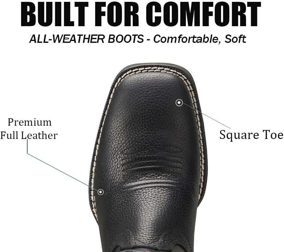 Cowboy Boots For Men - Mens Sport Wide Square Toe Western Boot,Oil/Slip Resistant,Durable Fashionable Classic Pull on 10 Inch Wellington Boots - Soft Toe Work Boots