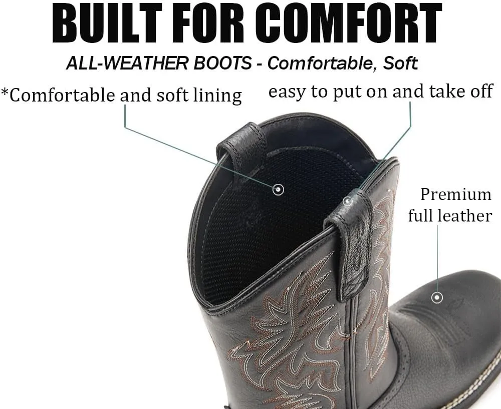 Cowboy Boots For Men - Mens Sport Wide Square Toe Western Boot,Oil/Slip Resistant,Durable Fashionable Classic Pull on 10 Inch Wellington Boots - Soft Toe Work Boots