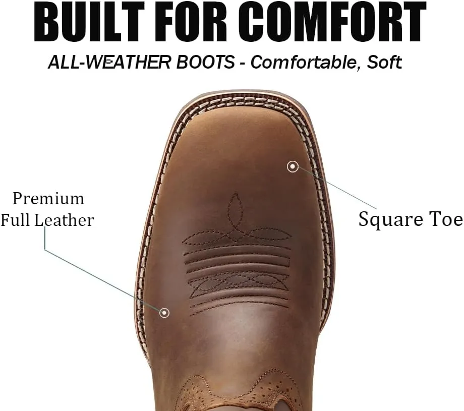 Cowboy Boots For Men - Mens Sport Wide Square Toe Western Boot,Oil/Slip Resistant,Durable Fashionable Classic Pull on 10 Inch Wellington Boots - Soft Toe