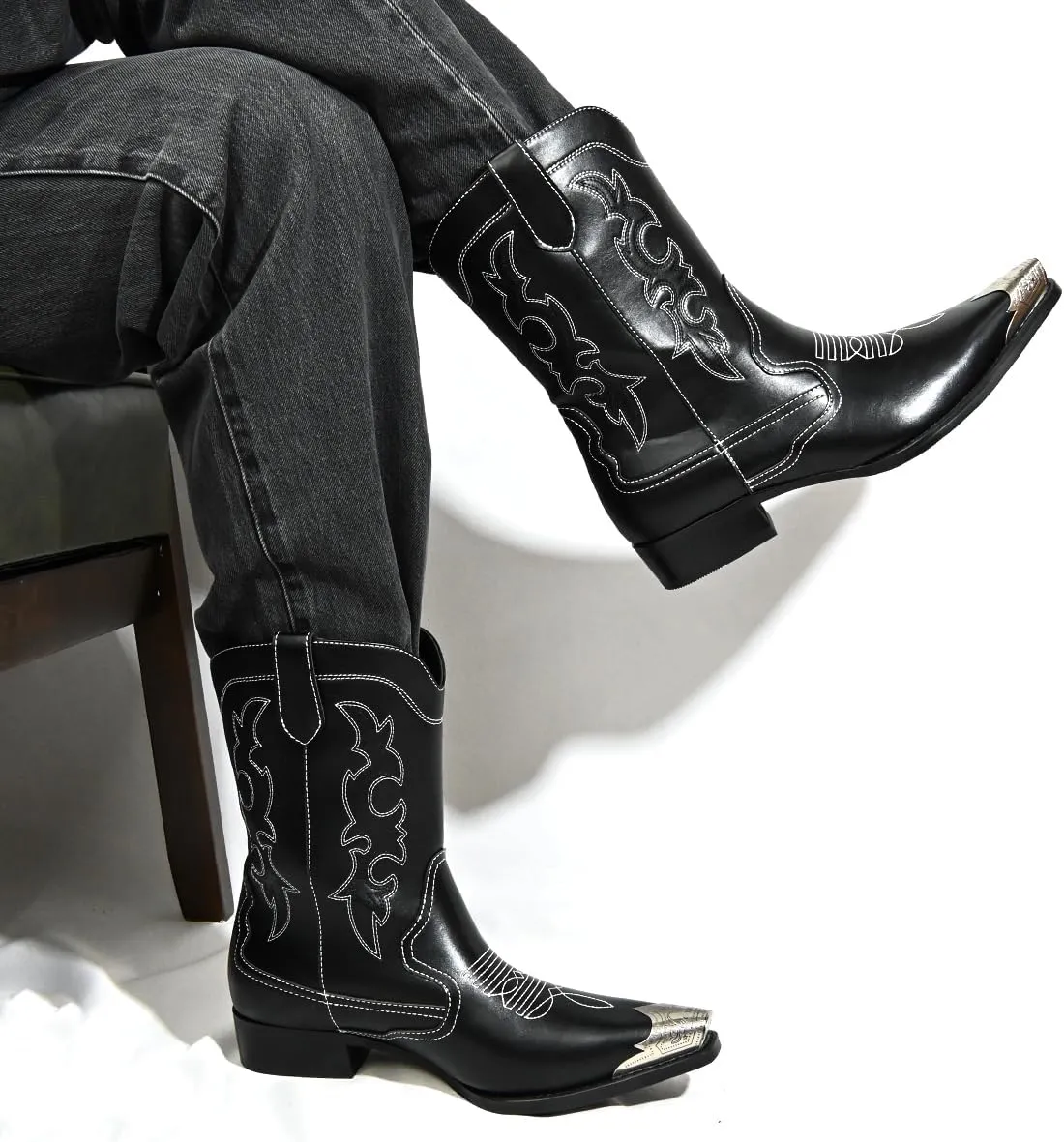 Cowboy Boots for Men Western Men's Boots with Classic Embroidered Slip Resistant Durable Fashionable Retro for Spring Fall