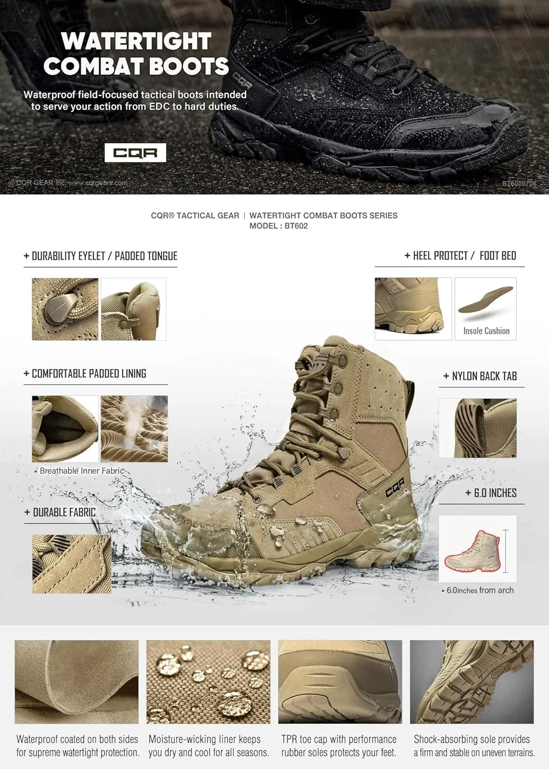 CQR Men's Military Tactical Boots, Lightweight 6 Inches Combat Boots, Durable EDC Outdoor Work Boots