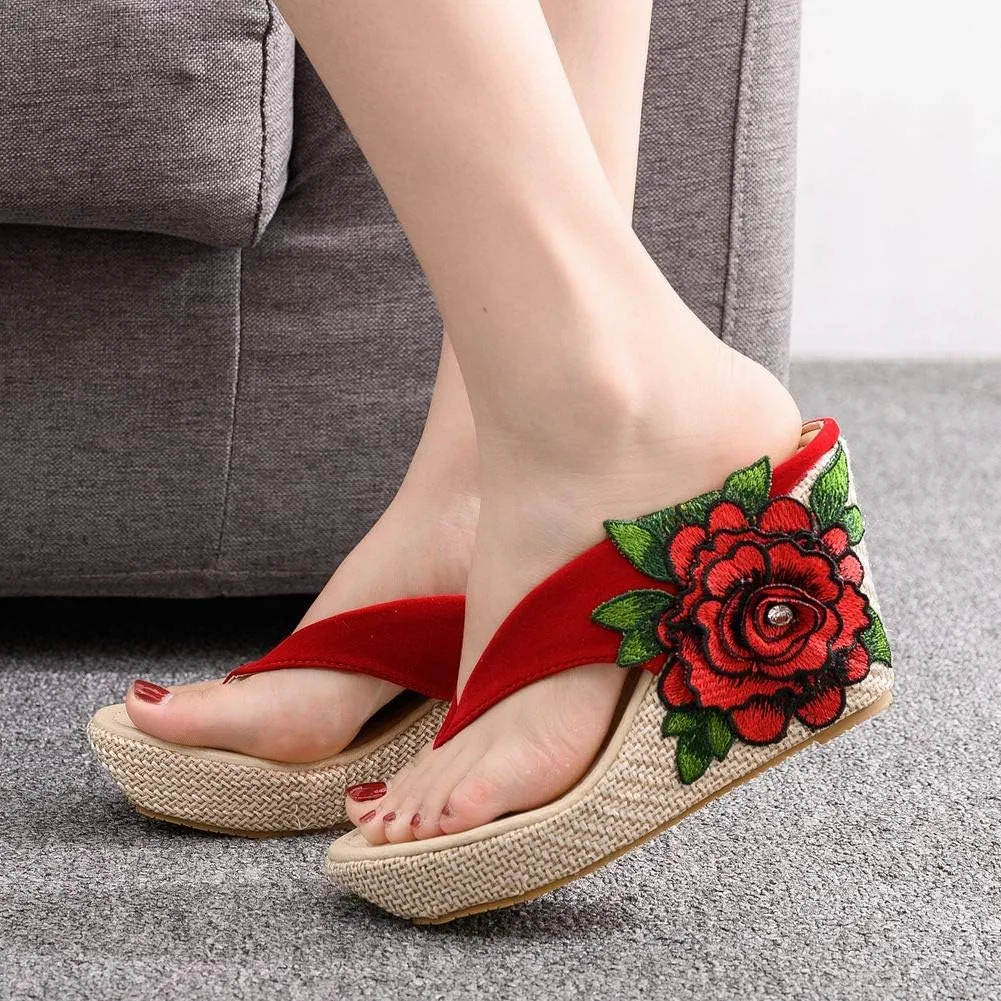 Crystal Queen Flower Wedges Sandals Flip Flops For Women Beach Sandals Wedges Platform Bohemia Sandals Flip Flops Women Summer Shoes