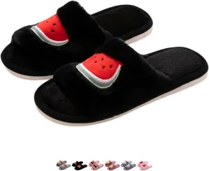 Cute Strawberry Slippers for Women Indoor Home Plush Cotton Cherry Non-Slip Slides Open Toe House Shoes Soft Sole Bedroom