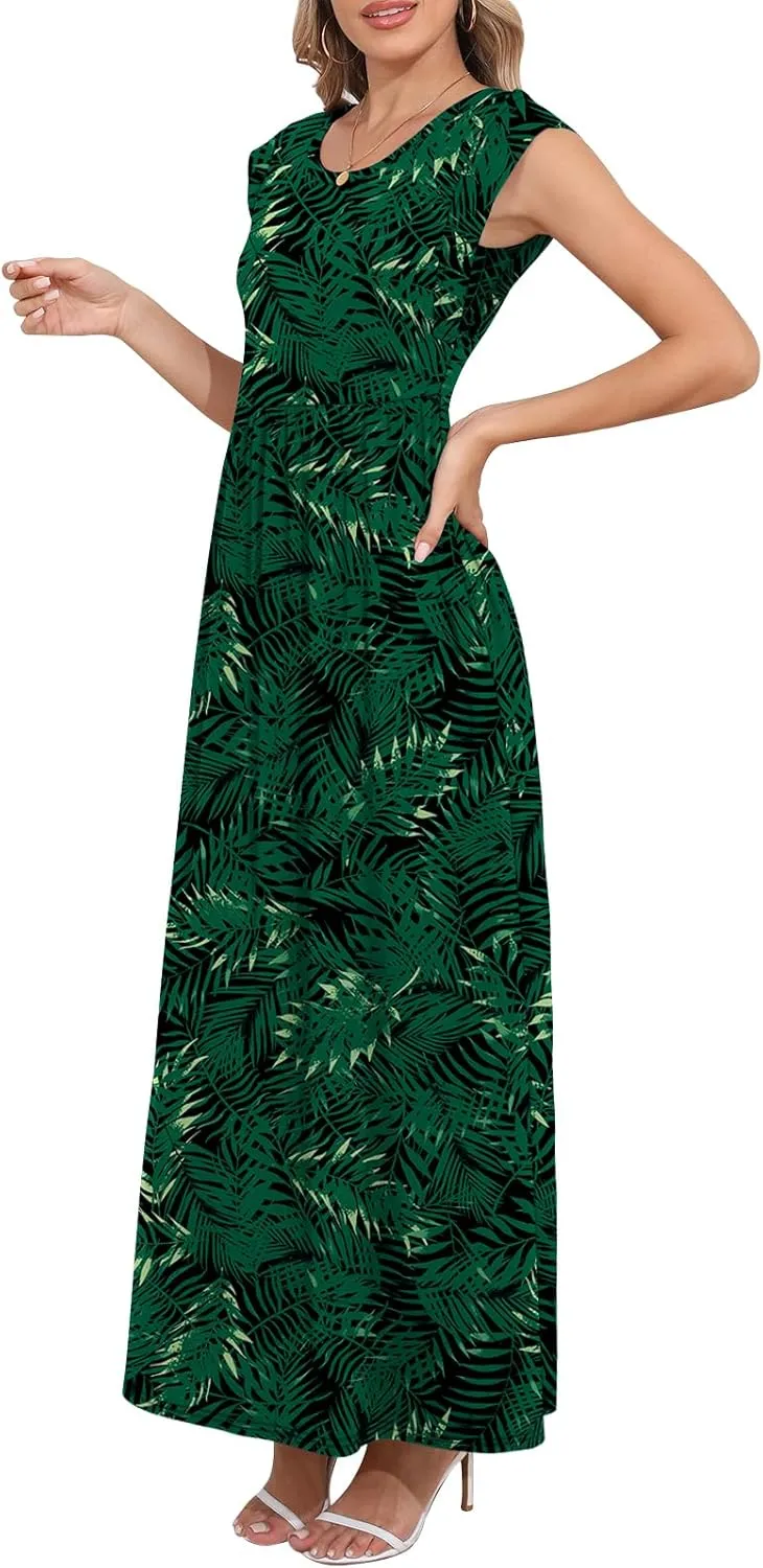DB MOON Womens 2025 Maxi Dresses Empire Waist Long Summer Dress Casual Cap Short Sleeve Sundress with Pockets