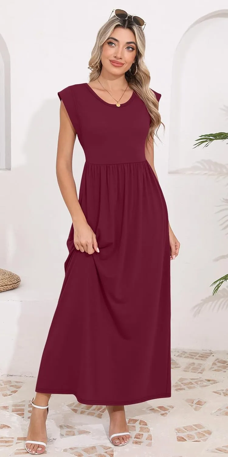 DB MOON Womens 2025 Maxi Dresses Empire Waist Long Summer Dress Casual Cap Short Sleeve Sundress with Pockets