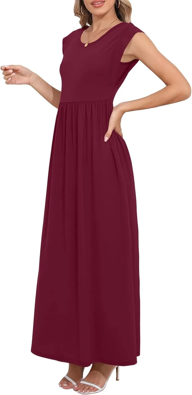 DB MOON Womens 2025 Maxi Dresses Empire Waist Long Summer Dress Casual Cap Short Sleeve Sundress with Pockets