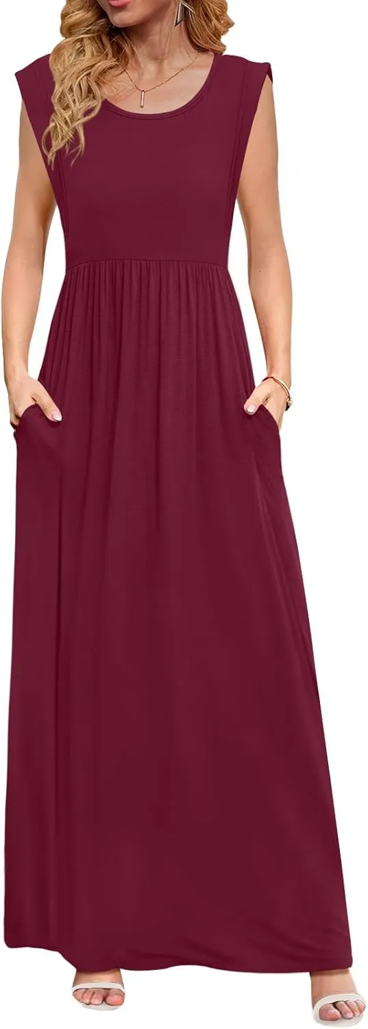DB MOON Womens 2025 Maxi Dresses Empire Waist Long Summer Dress Casual Cap Short Sleeve Sundress with Pockets