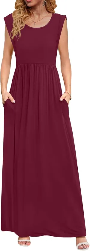 DB MOON Womens 2025 Maxi Dresses Empire Waist Long Summer Dress Casual Cap Short Sleeve Sundress with Pockets