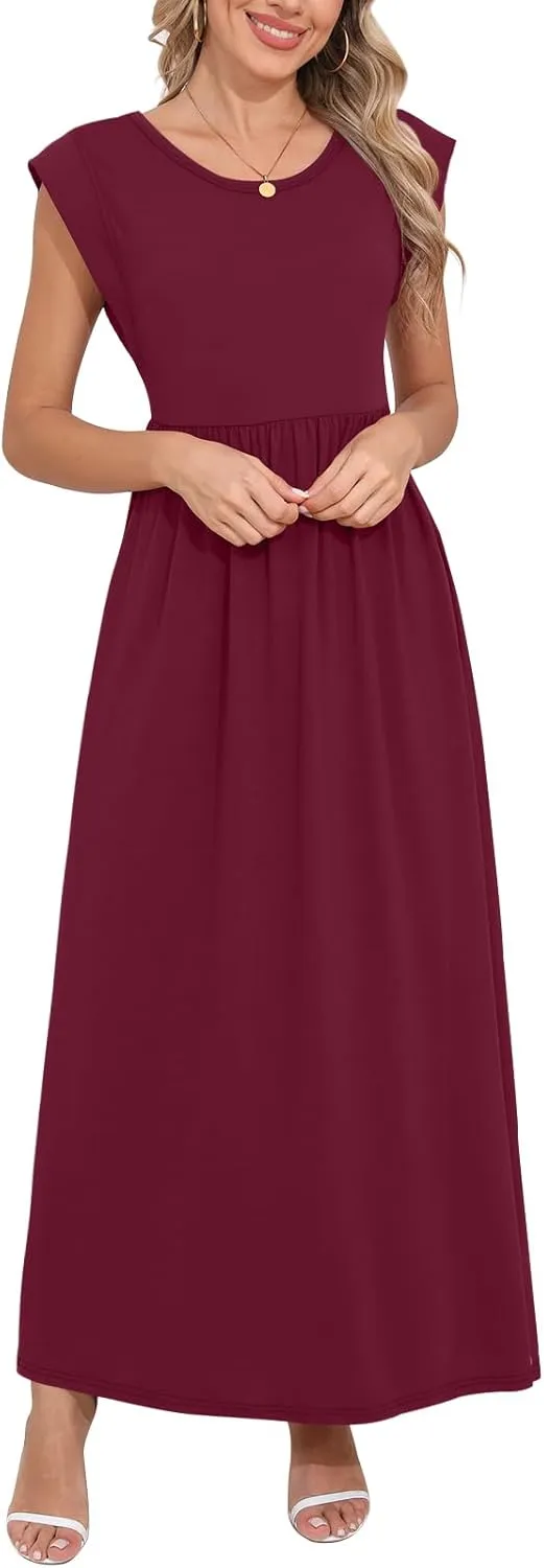 DB MOON Womens 2025 Maxi Dresses Empire Waist Long Summer Dress Casual Cap Short Sleeve Sundress with Pockets