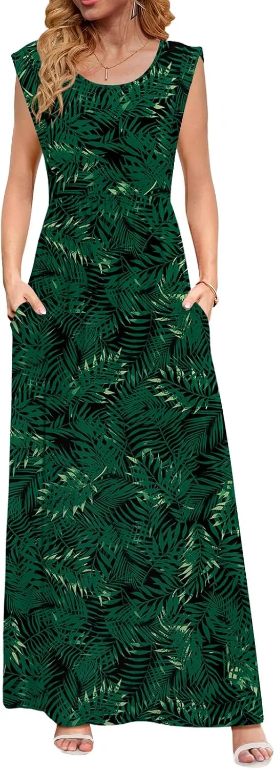 DB MOON Womens 2025 Maxi Dresses Empire Waist Long Summer Dress Casual Cap Short Sleeve Sundress with Pockets