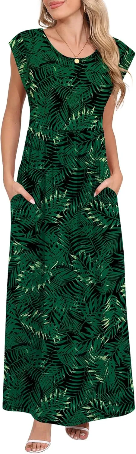 DB MOON Womens 2025 Maxi Dresses Empire Waist Long Summer Dress Casual Cap Short Sleeve Sundress with Pockets