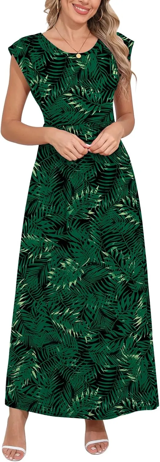 DB MOON Womens 2025 Maxi Dresses Empire Waist Long Summer Dress Casual Cap Short Sleeve Sundress with Pockets