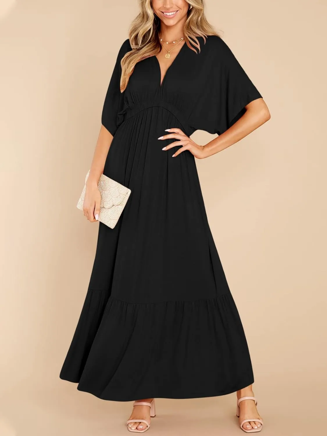 DEEP SELF Women’s Summer V Neck Batwing Short Sleeve Maxi Dress Casual Loose High Waist Flowy Long Beach Dress