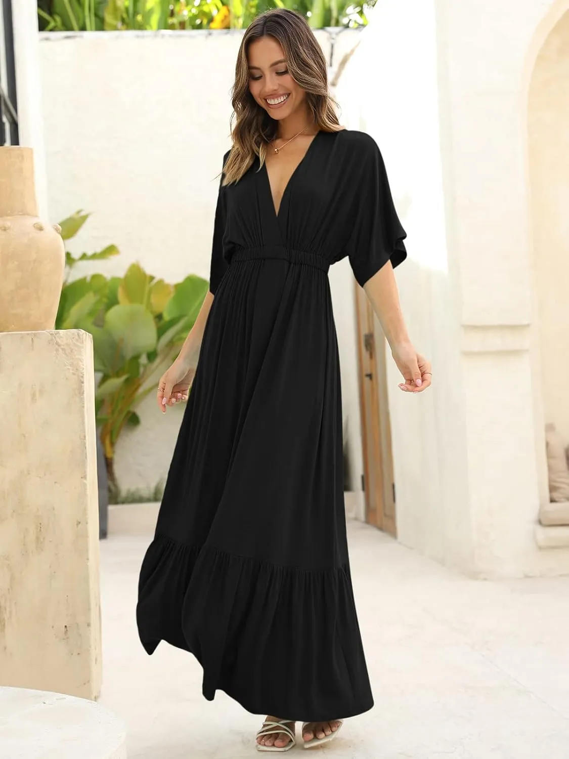 DEEP SELF Women’s Summer V Neck Batwing Short Sleeve Maxi Dress Casual Loose High Waist Flowy Long Beach Dress