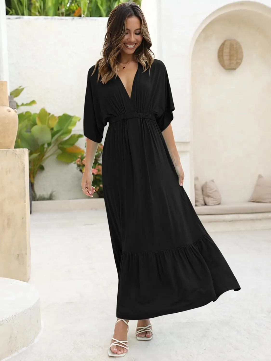 DEEP SELF Women’s Summer V Neck Batwing Short Sleeve Maxi Dress Casual Loose High Waist Flowy Long Beach Dress