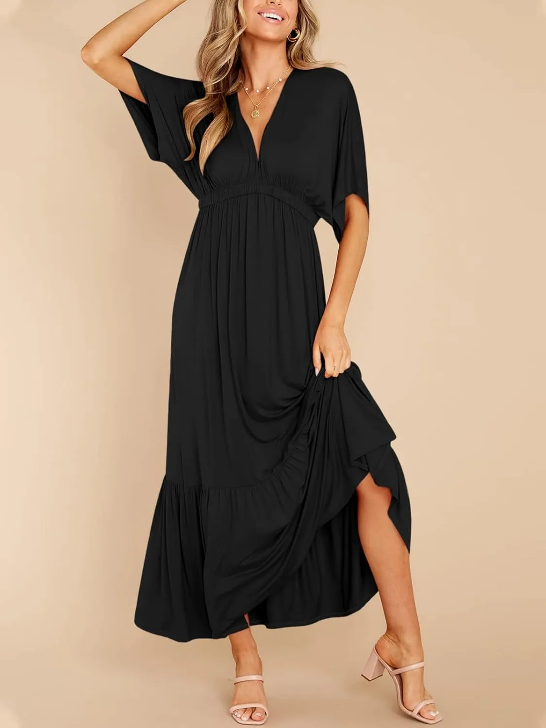DEEP SELF Women’s Summer V Neck Batwing Short Sleeve Maxi Dress Casual Loose High Waist Flowy Long Beach Dress