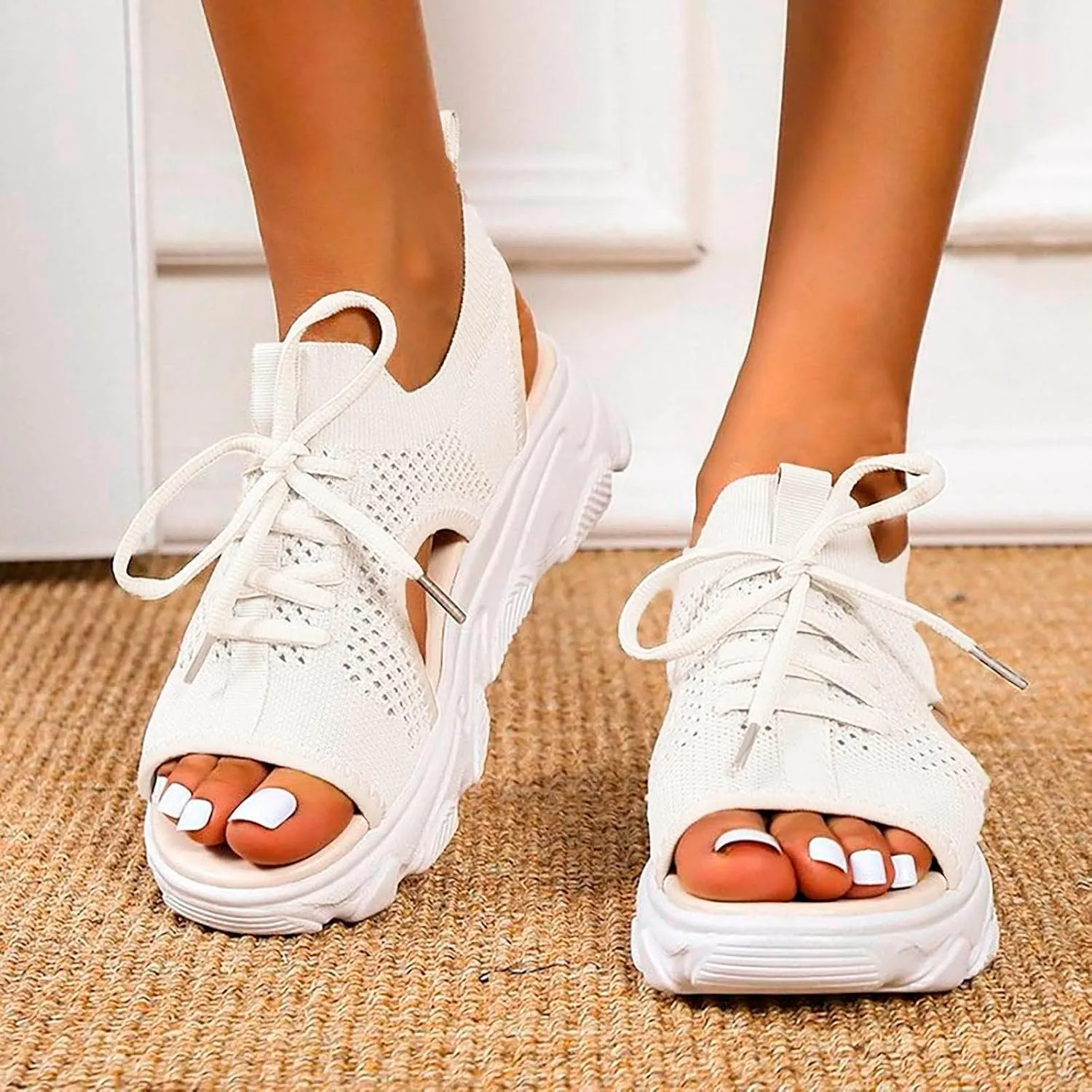 Dheva-C Orthopedic Wedge Sandals for Women Summer Dressy Women Sandals Mesh Casual Thick Soled Lace Up Sandals Open Toe Beach Shoes Platform Ankle Strap Comfortable Outdoor Shoes (White, 8.5)