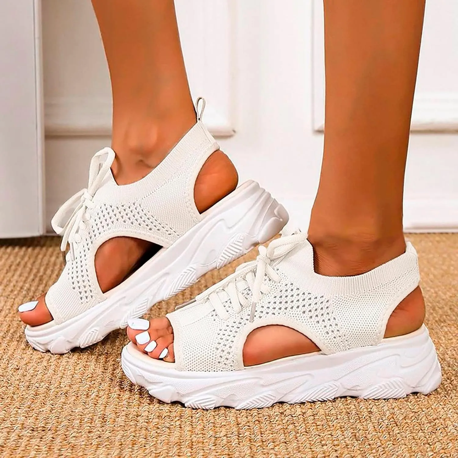 Dheva-C Orthopedic Wedge Sandals for Women Summer Dressy Women Sandals Mesh Casual Thick Soled Lace Up Sandals Open Toe Beach Shoes Platform Ankle Strap Comfortable Outdoor Shoes (White, 8.5)