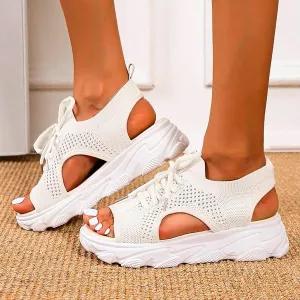 Dheva-C Orthopedic Wedge Sandals for Women Summer Dressy Women Sandals Mesh Casual Thick Soled Lace Up Sandals Open Toe Beach Shoes Platform Ankle Strap Comfortable Outdoor Shoes (White, 8.5)