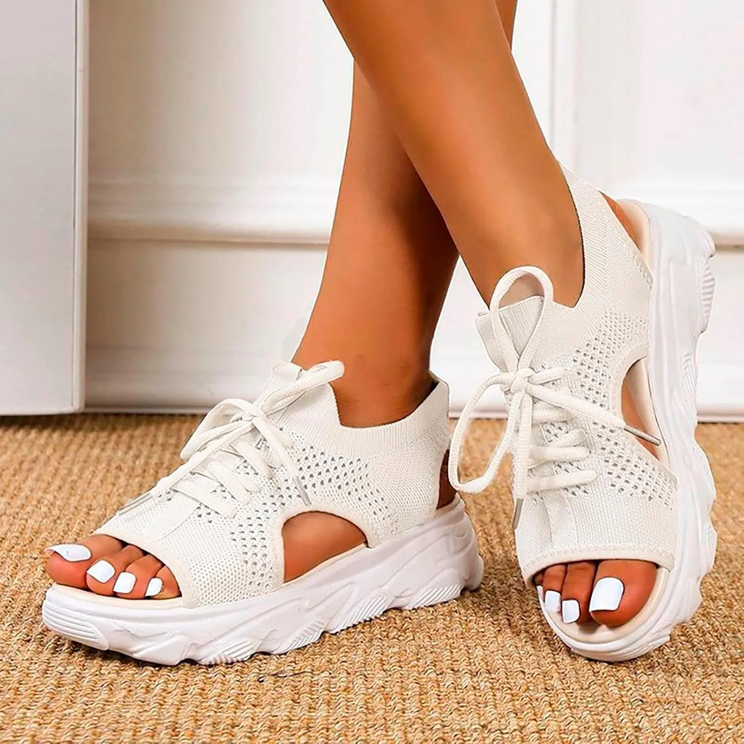Dheva-C Orthopedic Wedge Sandals for Women Summer Dressy Women Sandals Mesh Casual Thick Soled Lace Up Sandals Open Toe Beach Shoes Platform Ankle Strap Comfortable Outdoor Shoes (White, 8.5)
