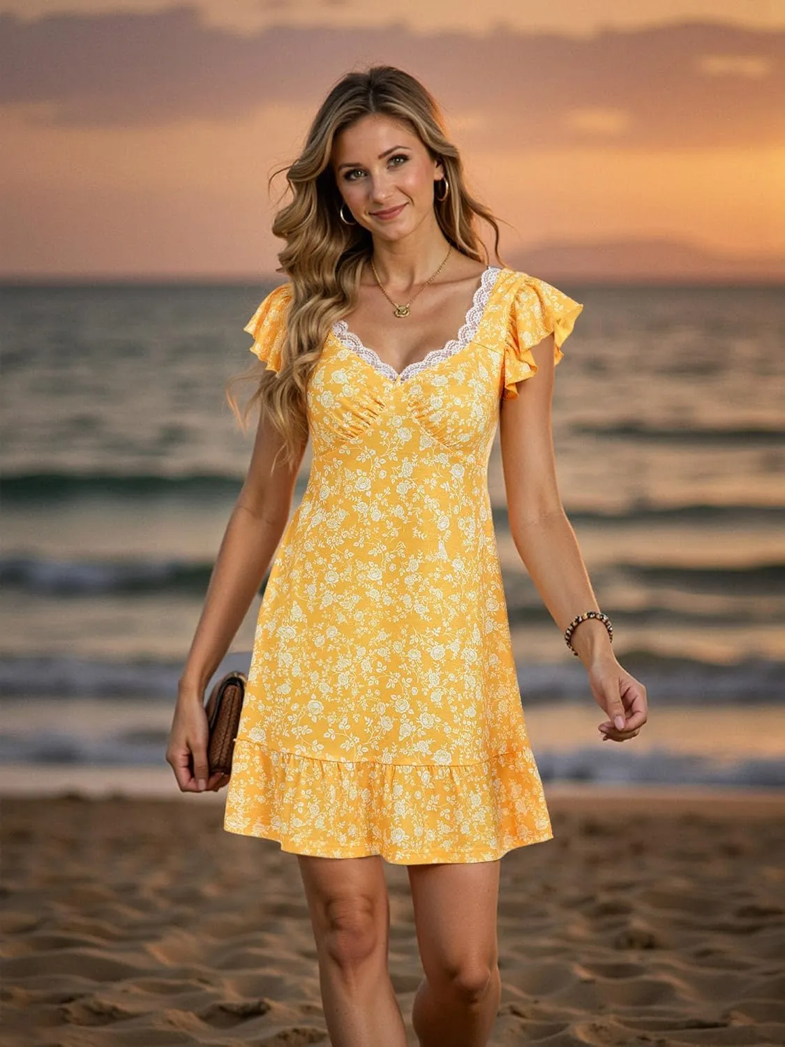 DIRASS Summer Cute Sweetheart Neckline Sundresses Ruffle Sleeve Smocked Self Tie Back Mini Dress for Women