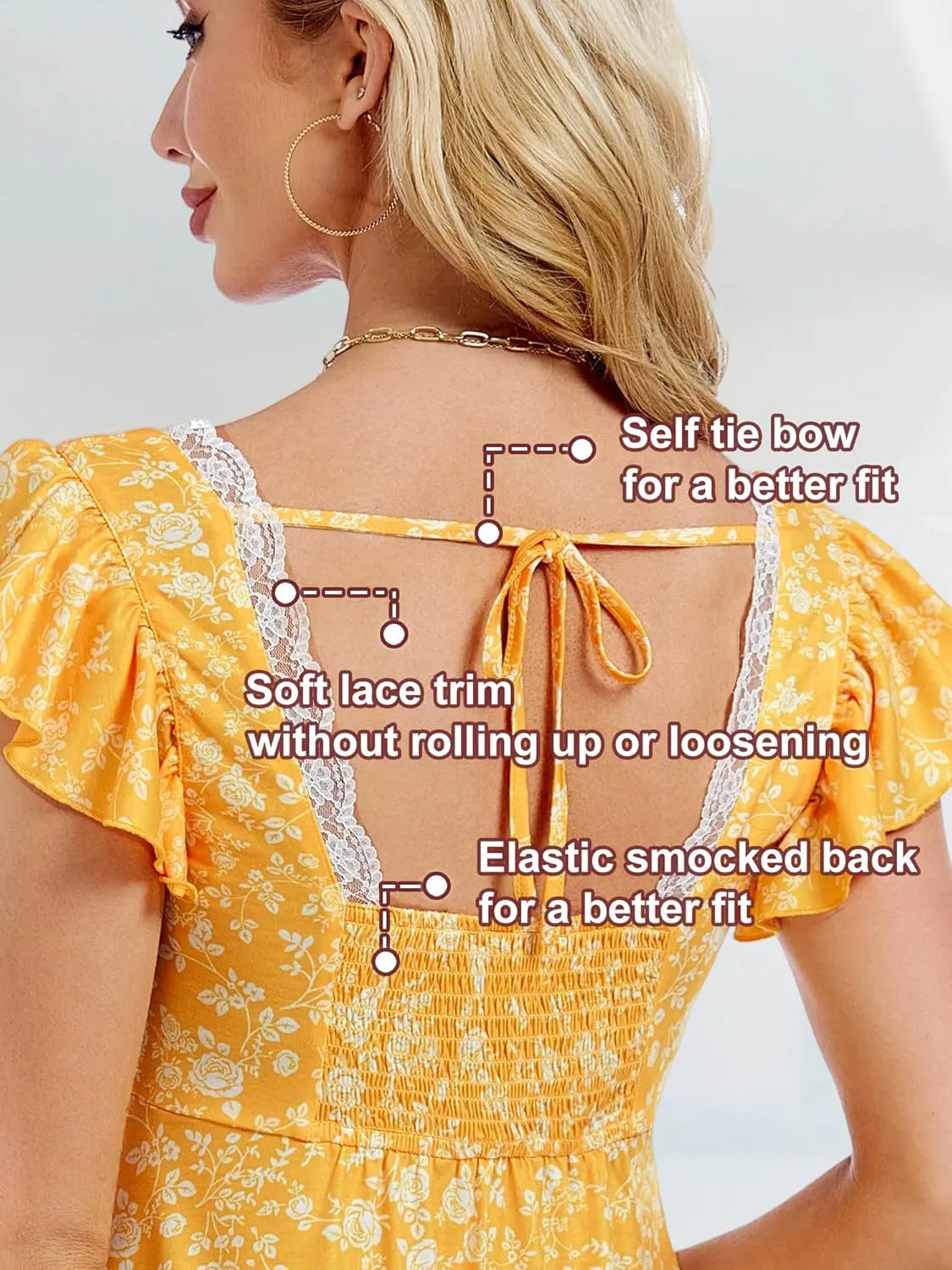 DIRASS Summer Cute Sweetheart Neckline Sundresses Ruffle Sleeve Smocked Self Tie Back Mini Dress for Women
