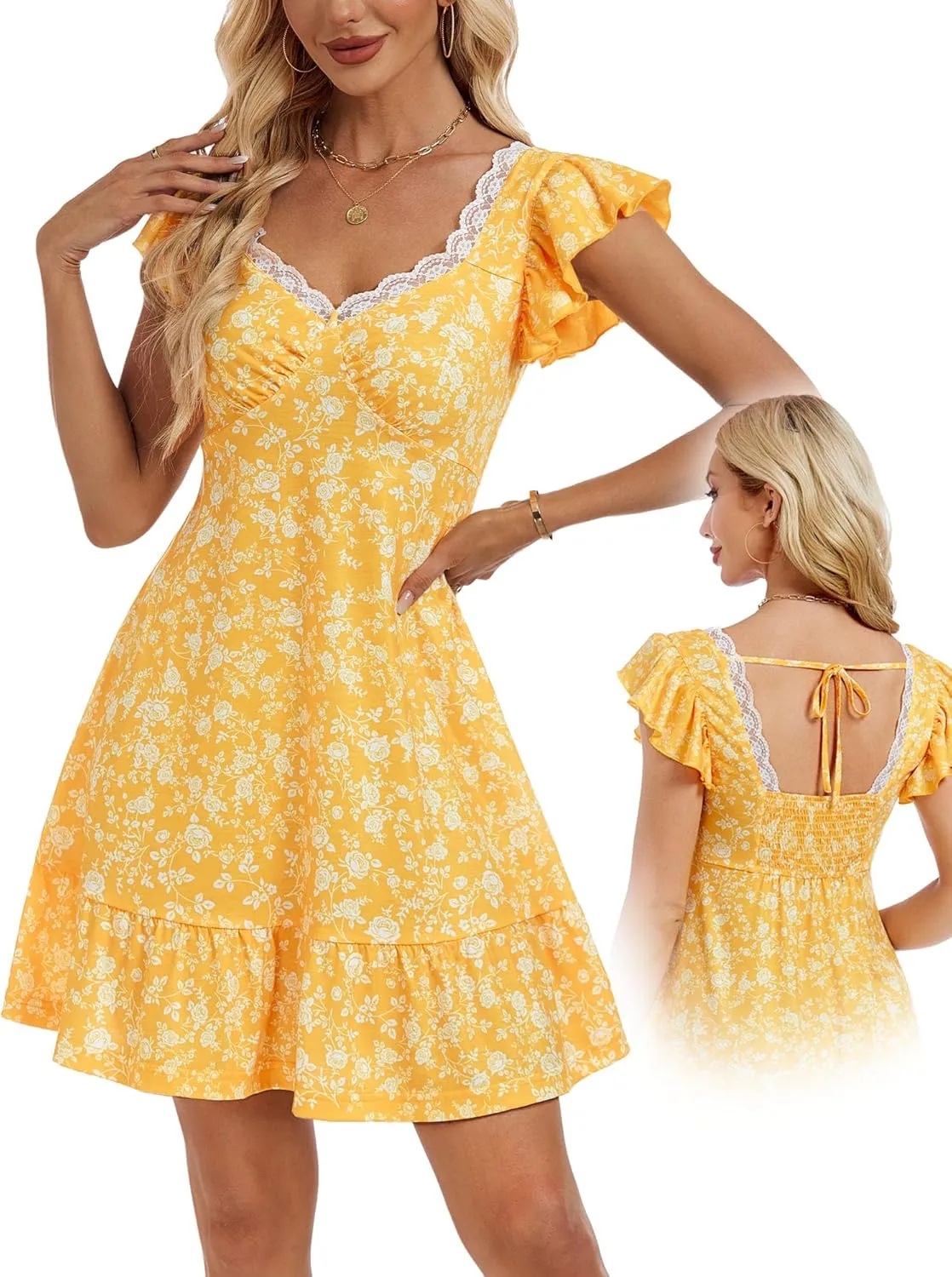 DIRASS Summer Cute Sweetheart Neckline Sundresses Ruffle Sleeve Smocked Self Tie Back Mini Dress for Women