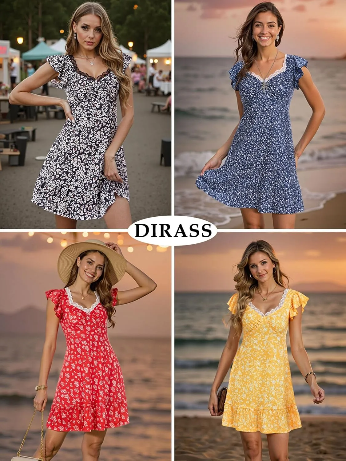 DIRASS Summer Cute Sweetheart Neckline Sundresses Ruffle Sleeve Smocked Self Tie Back Mini Dress for Women