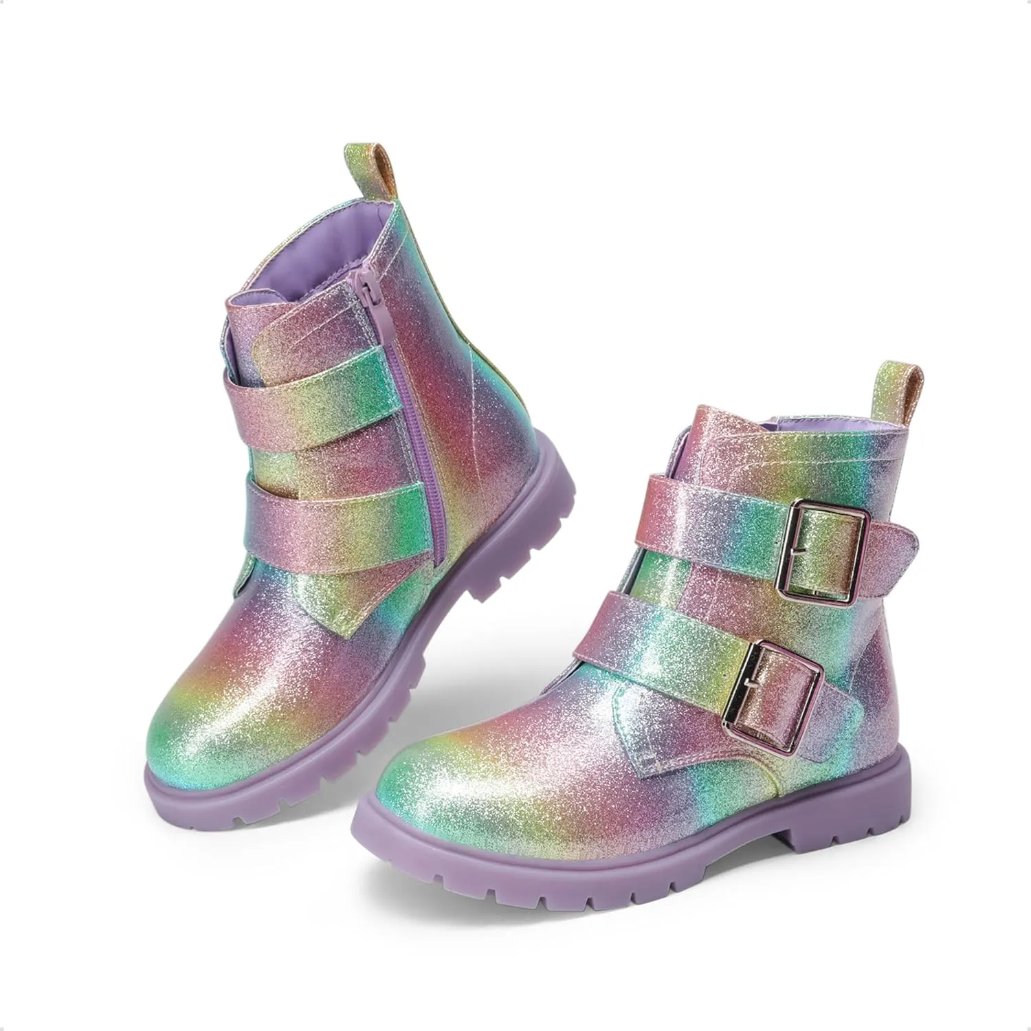 DREAM PAIRS Girls Boys Glitter Ankle Boots Side Zipper Combat Shoes with Buckles Toddler/Little Kid/Big Kid