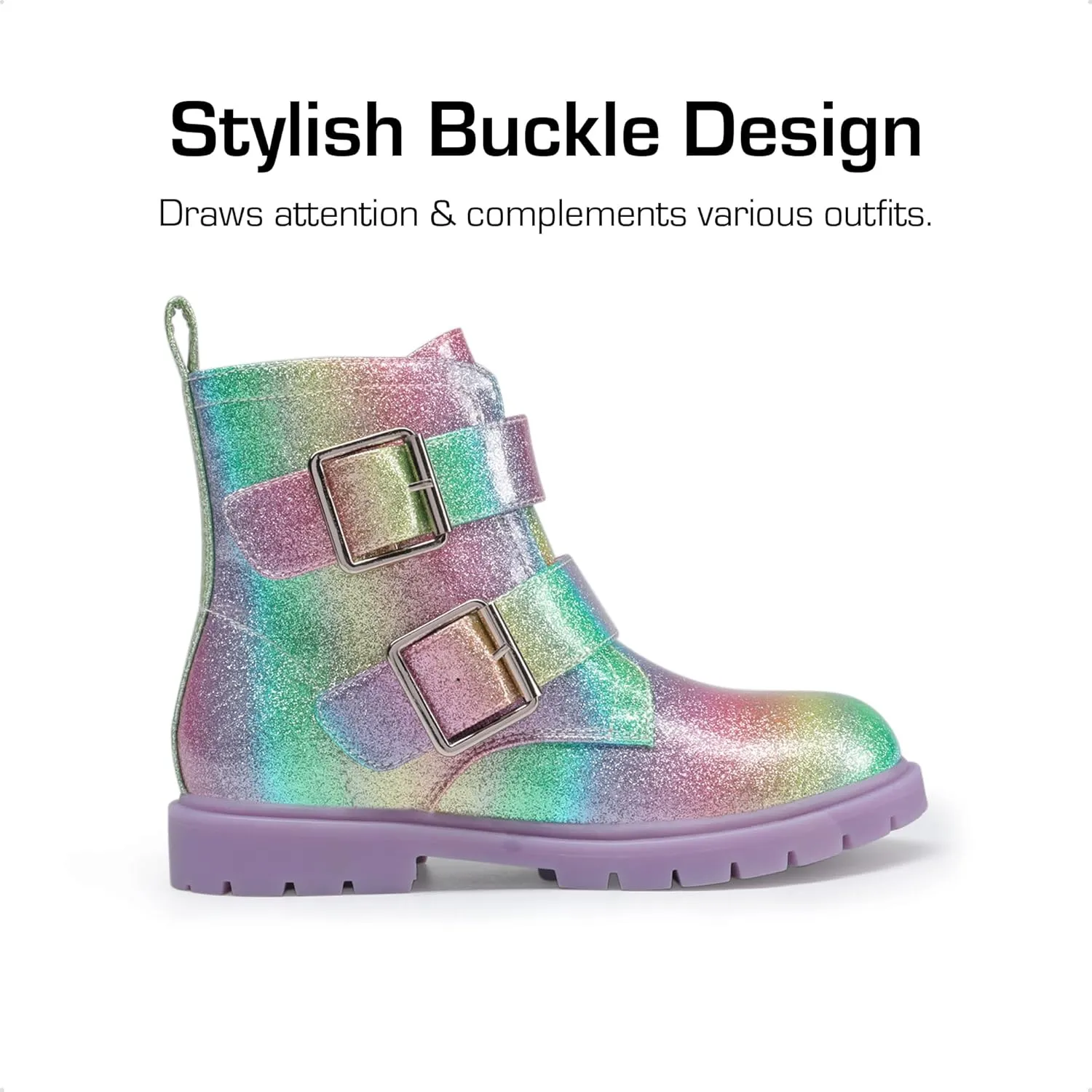 DREAM PAIRS Girls Boys Glitter Ankle Boots Side Zipper Combat Shoes with Buckles Toddler/Little Kid/Big Kid
