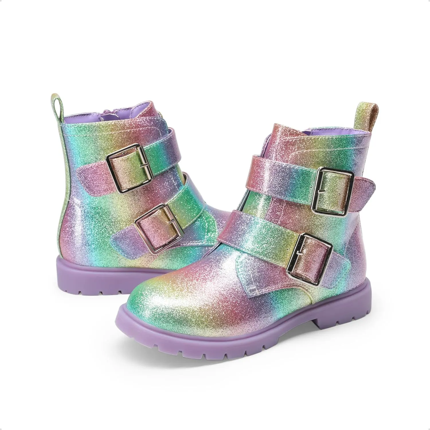 DREAM PAIRS Girls Boys Glitter Ankle Boots Side Zipper Combat Shoes with Buckles Toddler/Little Kid/Big Kid