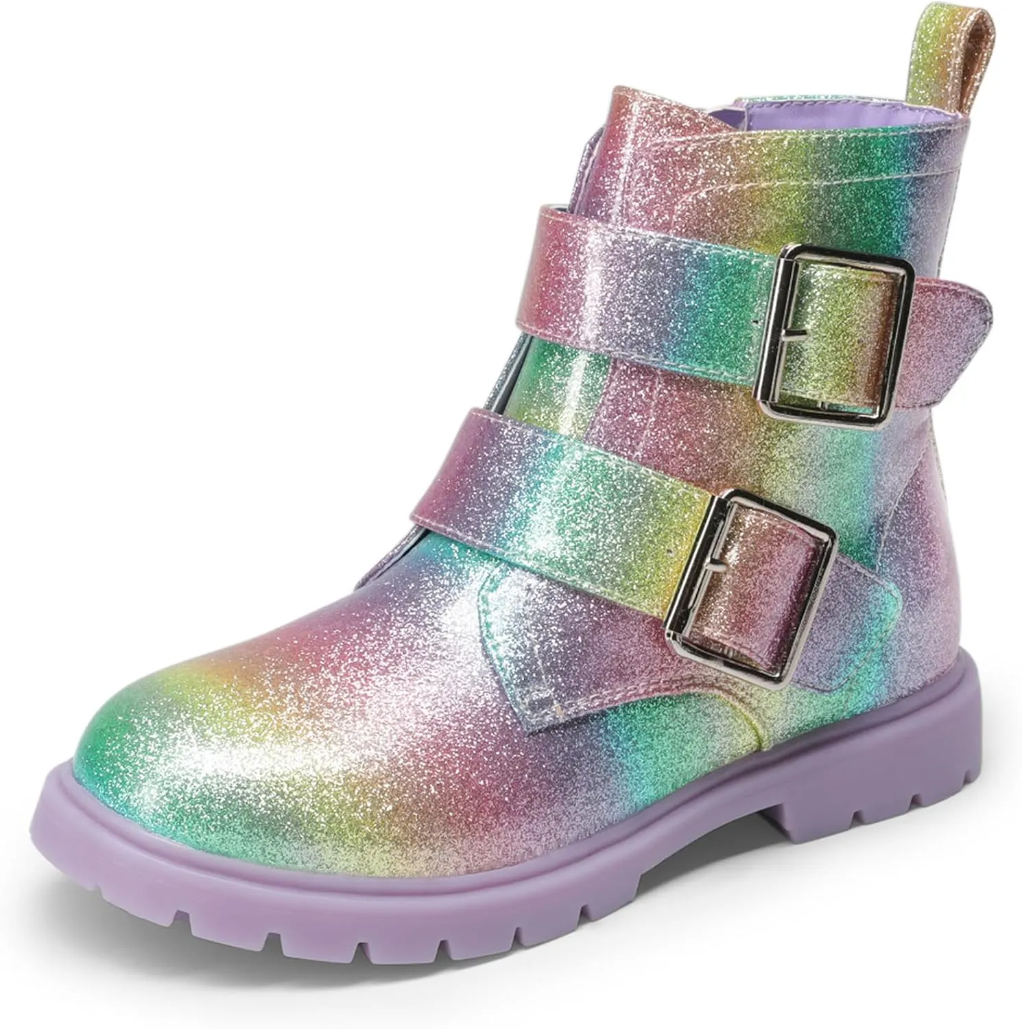 DREAM PAIRS Girls Boys Glitter Ankle Boots Side Zipper Combat Shoes with Buckles Toddler/Little Kid/Big Kid
