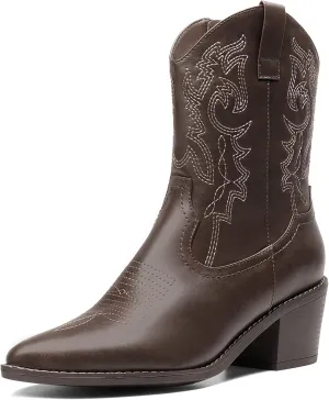 DREAM PAIRS Women's Cowboy Boots, Pointed Toe Chunky Heel, Zipper Pull-On Stitched Western Ankle Boots