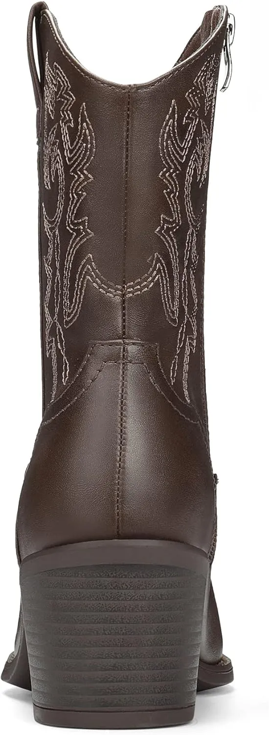 DREAM PAIRS Women's Cowboy Boots, Pointed Toe Chunky Heel, Zipper Pull-On Stitched Western Ankle Boots