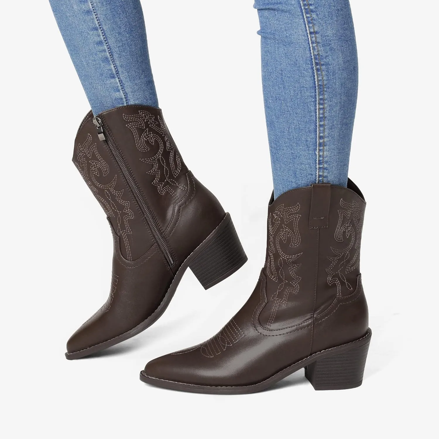 DREAM PAIRS Women's Cowboy Boots, Pointed Toe Chunky Heel, Zipper Pull-On Stitched Western Ankle Boots