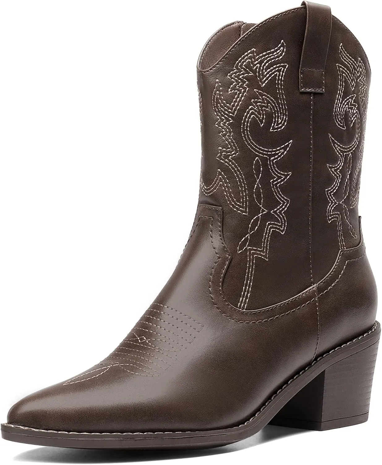 DREAM PAIRS Women's Cowboy Boots, Pointed Toe Chunky Heel, Zipper Pull-On Stitched Western Ankle Boots