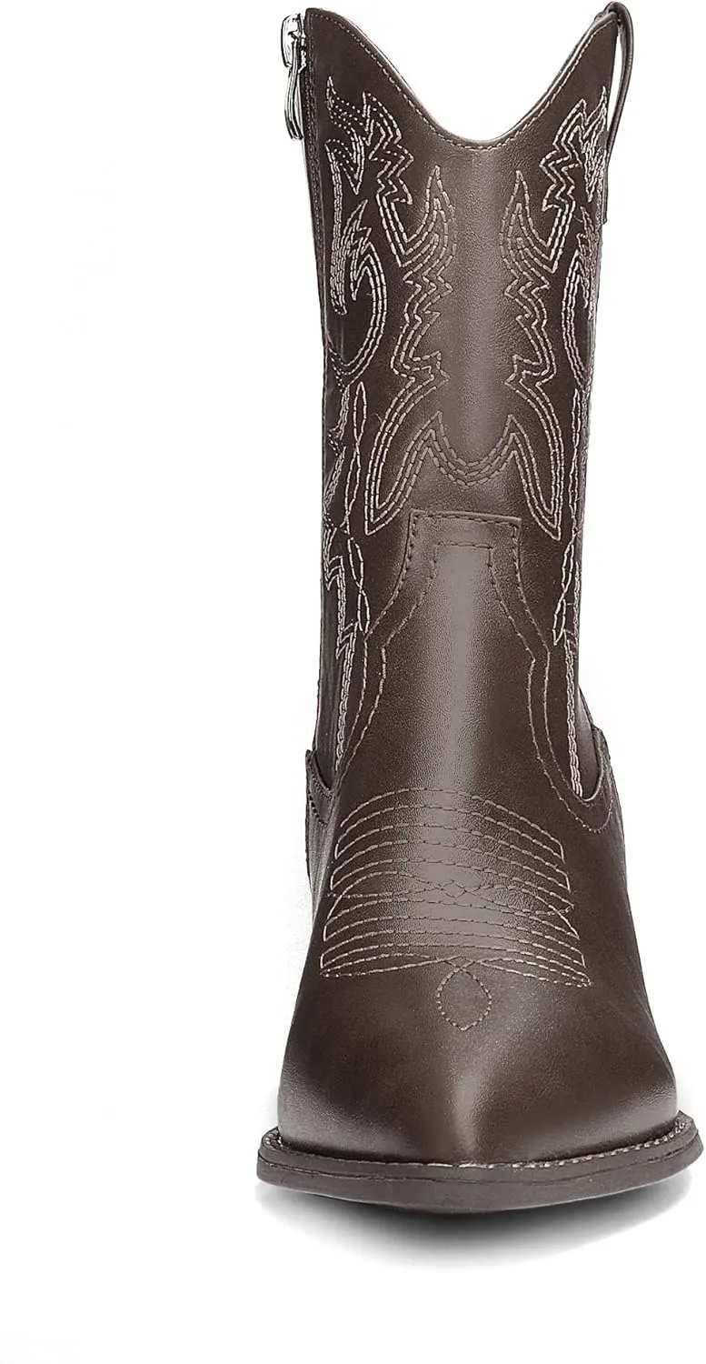 DREAM PAIRS Women's Cowboy Boots, Pointed Toe Chunky Heel, Zipper Pull-On Stitched Western Ankle Boots