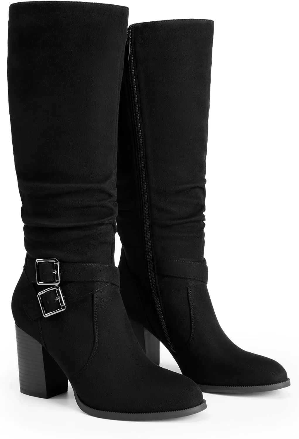 DREAM PAIRS Women's Knee High Boots Slouchy Chunky Heeled Buckle Long Boots for Women Side Zipper Tall Boots