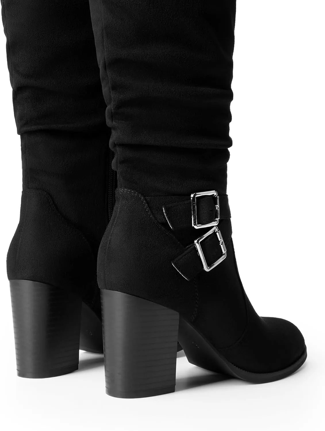 DREAM PAIRS Women's Knee High Boots Slouchy Chunky Heeled Buckle Long Boots for Women Side Zipper Tall Boots