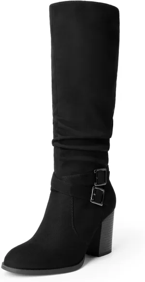 DREAM PAIRS Women's Knee High Boots Slouchy Chunky Heeled Buckle Long Boots for Women Side Zipper Tall Boots