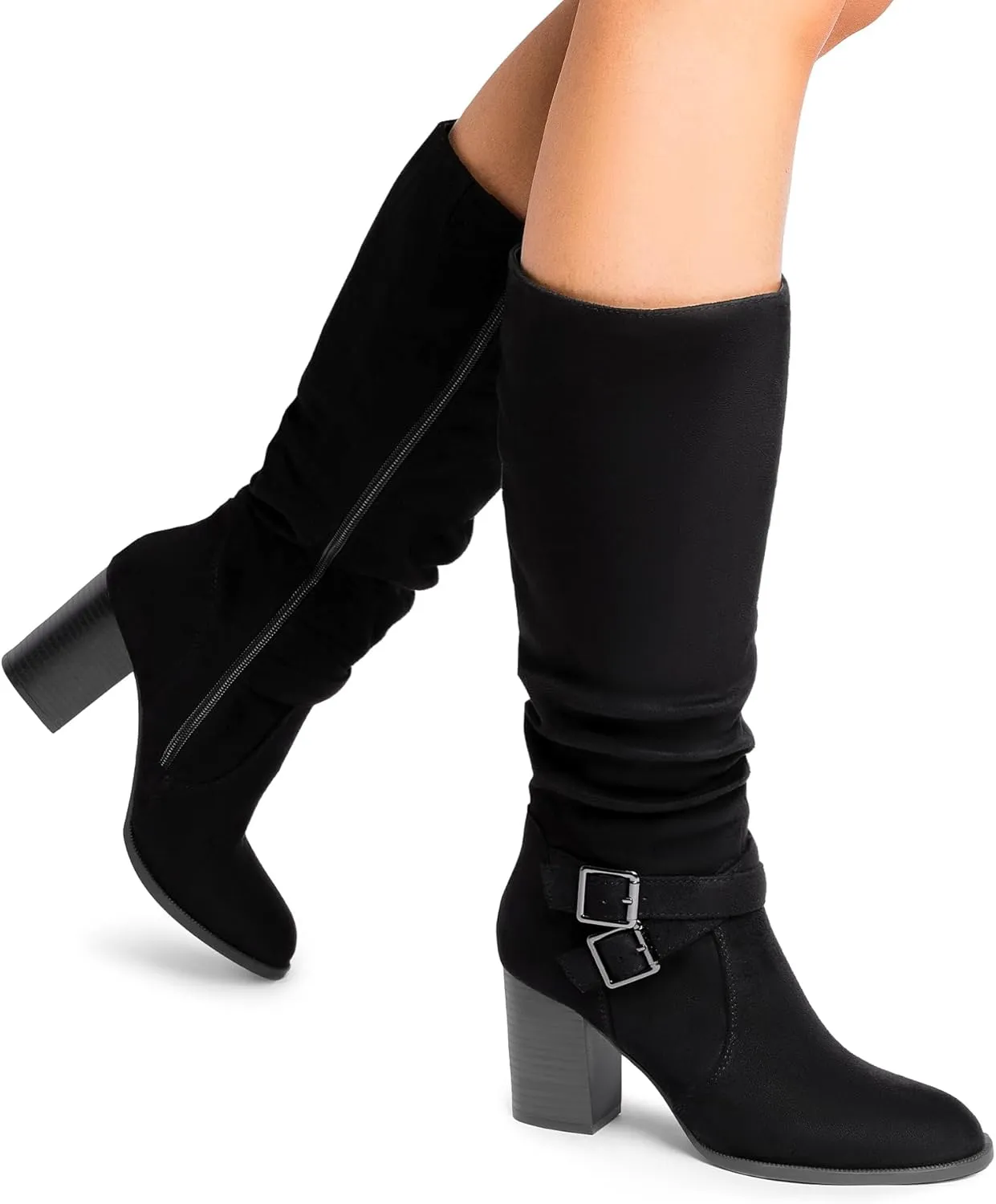 DREAM PAIRS Women's Knee High Boots Slouchy Chunky Heeled Buckle Long Boots for Women Side Zipper Tall Boots