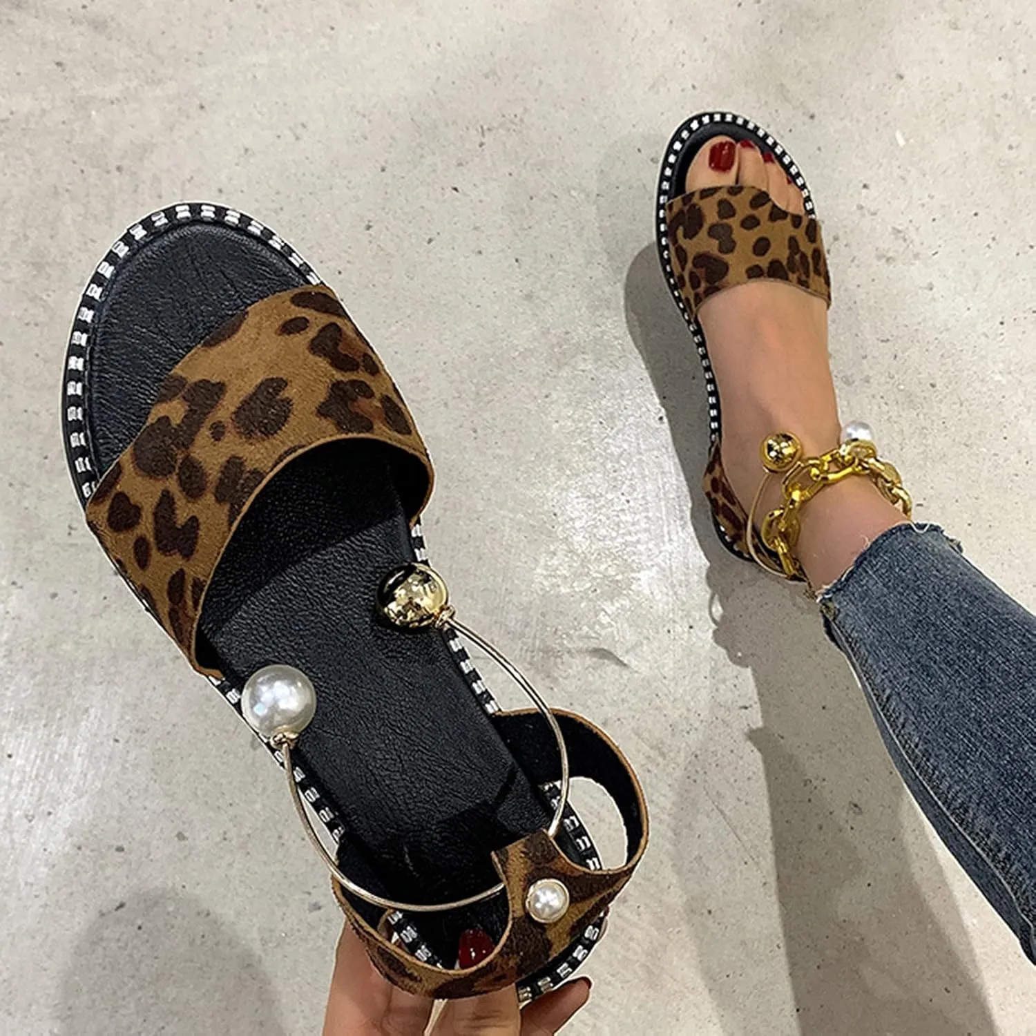 Dressy Flat Sandals for Women Peep toe Falt Pearl One Strap Slingback Flat Sandals for Women Summer