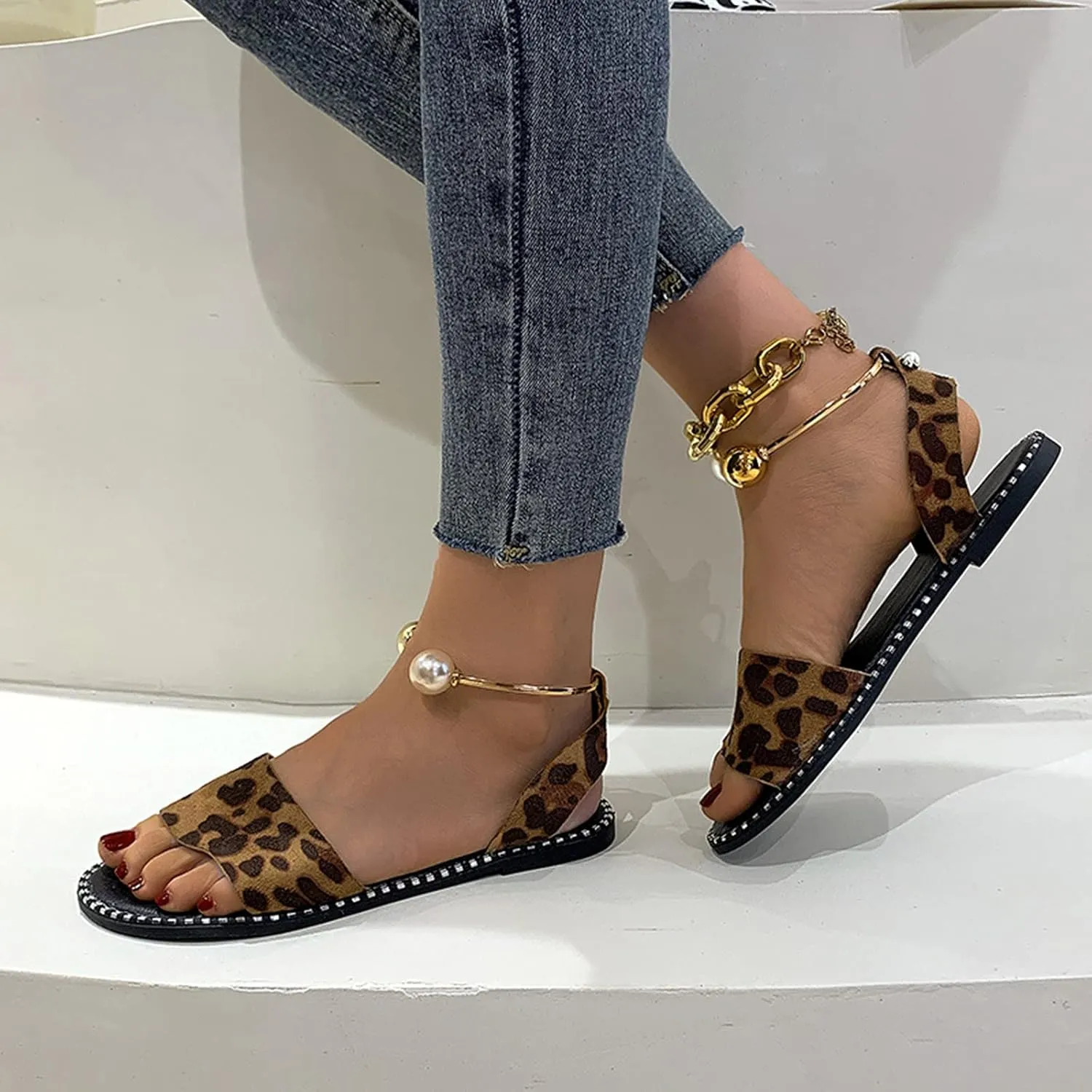 Dressy Flat Sandals for Women Peep toe Falt Pearl One Strap Slingback Flat Sandals for Women Summer