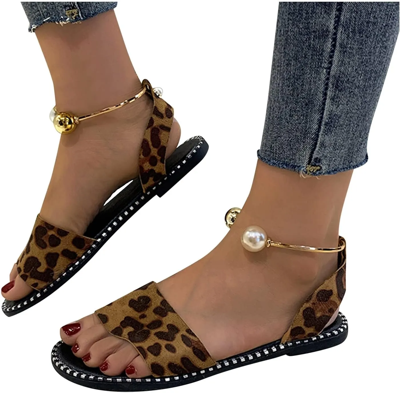 Dressy Flat Sandals for Women Peep toe Falt Pearl One Strap Slingback Flat Sandals for Women Summer