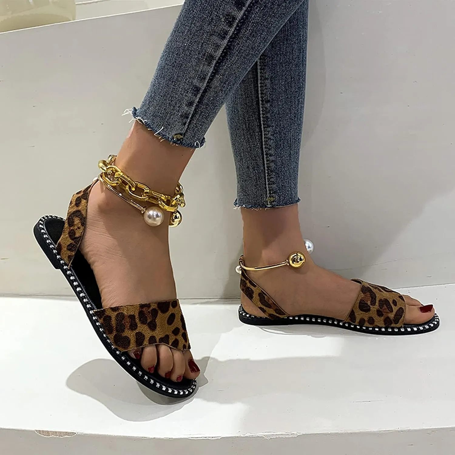 Dressy Flat Sandals for Women Peep toe Falt Pearl One Strap Slingback Flat Sandals for Women Summer