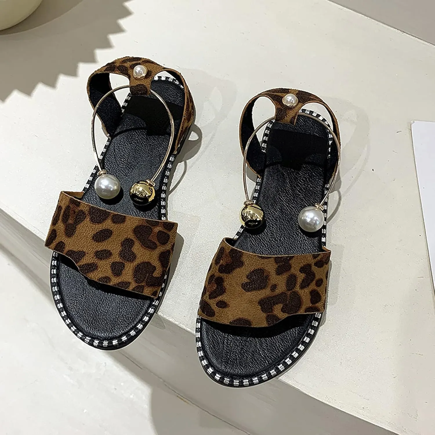 Dressy Flat Sandals for Women Peep toe Falt Pearl One Strap Slingback Flat Sandals for Women Summer