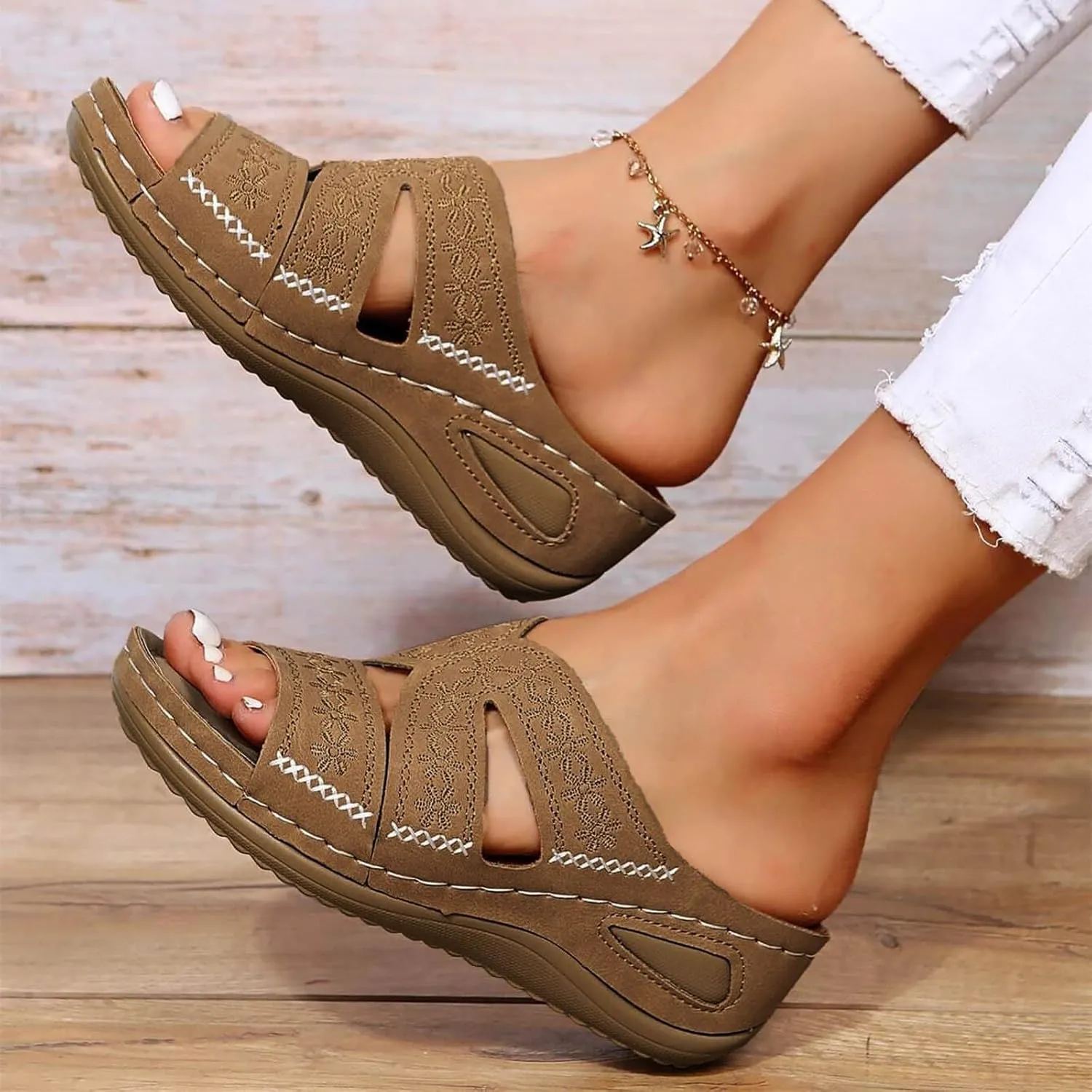 Eduavar Sandals for Women 2023, Womens Sandals Wedge Sandals Slip-On Open Toe Sandals Comfy Vintage Sandals Shoes