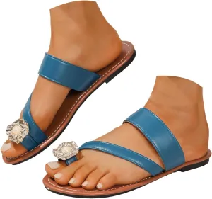 Eduavar Summer Sandals for Women, Orthopedic Sandals for Women Rhinestone Flat Sandals Comfortable Ring Toe Slippers